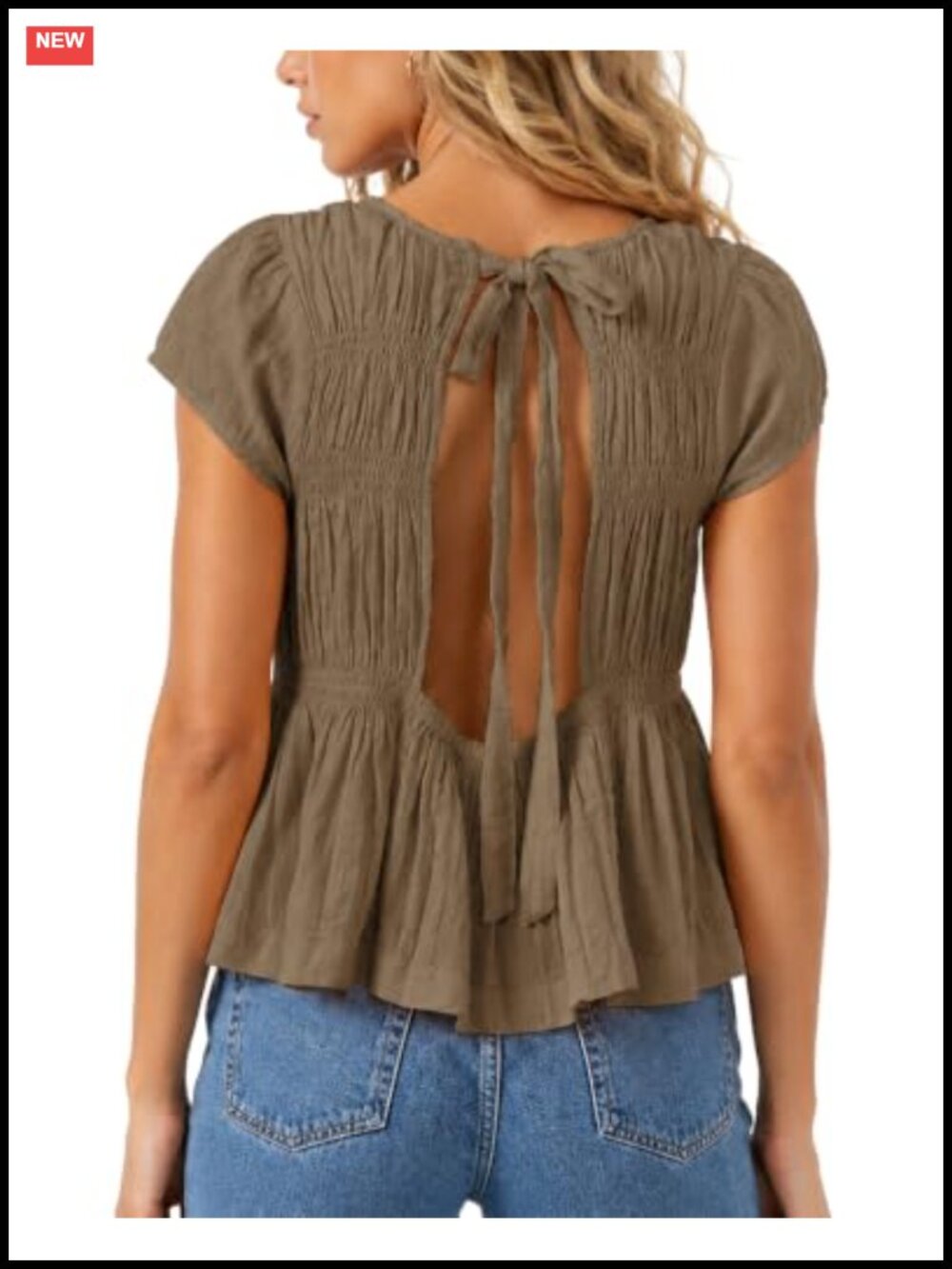 Linen Blend Boho Peplum Blouse Cap Sleeve Open Back Crop Top